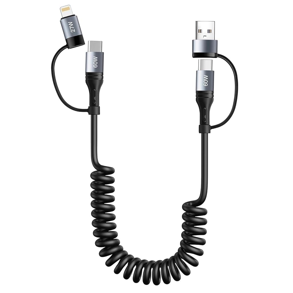Verilux® Coiled Cable 4 in 1 Multi Charging Cable 60W Fast Charging Retractable Charger Cord for 15/14 Verilux® Coiled Cable 4 in 1 Multi Charging Cable 60W Fast Charging Retractable Charger Cord for 15/14